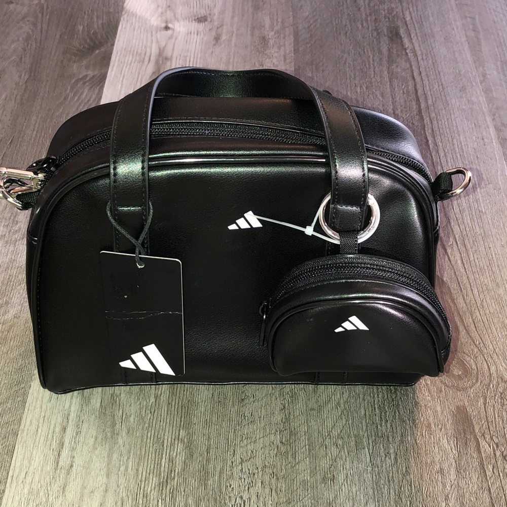 adidas Black Silver Metallic Faux Leather Mini Pouch Carryall Crossbody Bag NWT